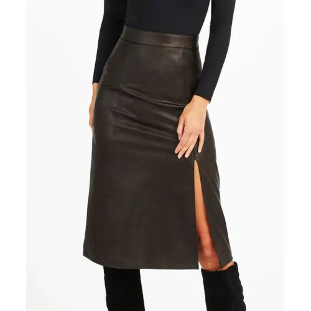 Spanx Leather-Like Midi Skirt Noir A-Line Shiny High-Waist Pencil Mid-Length S